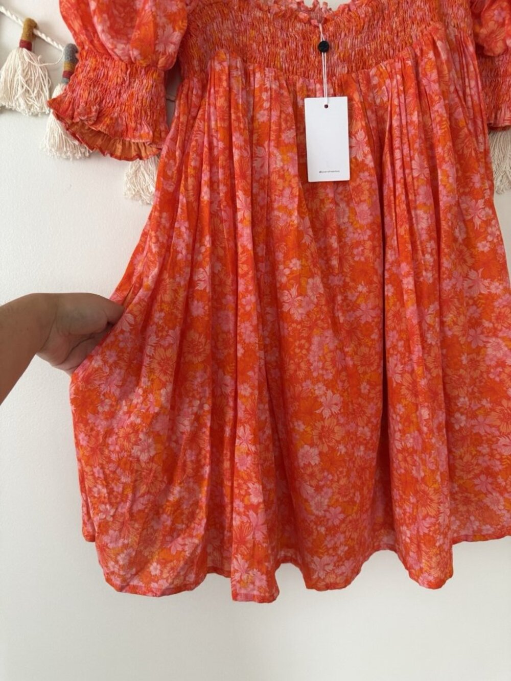 Lovers + Friends Reston Mitzy Ditsy Floral Smocked Mini Dress Orange Feminine M - Picture 6 of 11